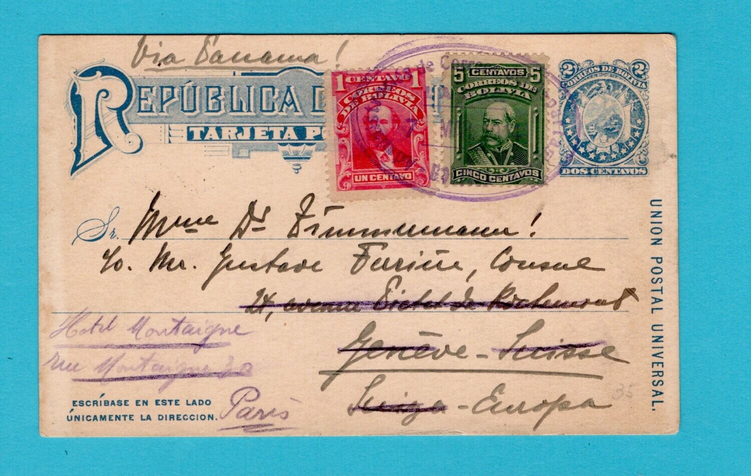 BOLIVIA postal card 1914 La Paz to Switzerland - forwarded