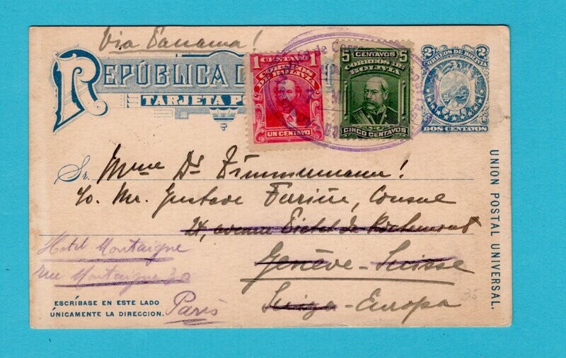 BOLIVIA postal card 1914 La Paz to Switzerland - forwarded