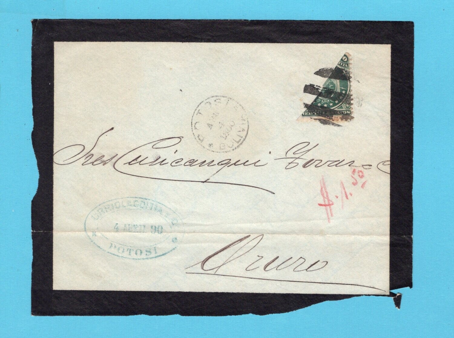 BOLIVIA bisect on front of cover 1890 Potosi