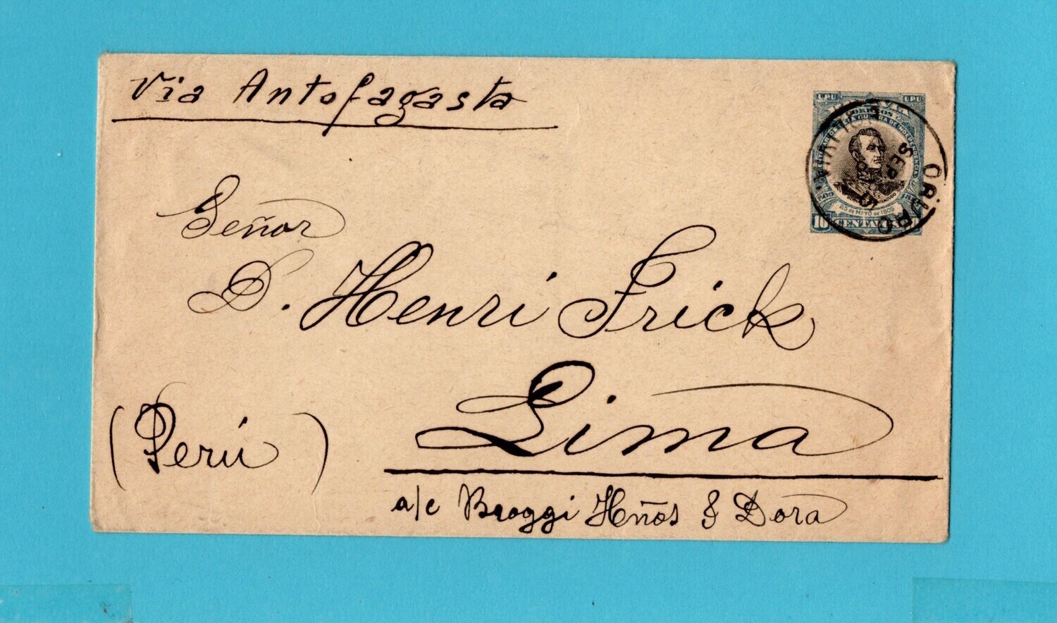 BOLIVIA envelope 1910 Oruro to Peru