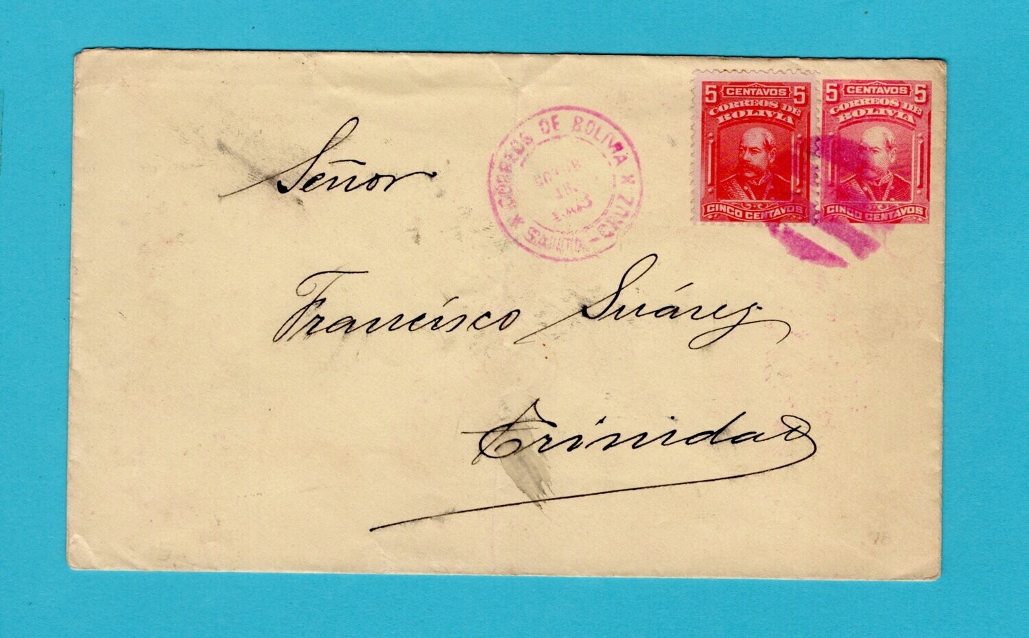 BOLIVIA postal envelope 1903 Santa Cruz to Trinidad