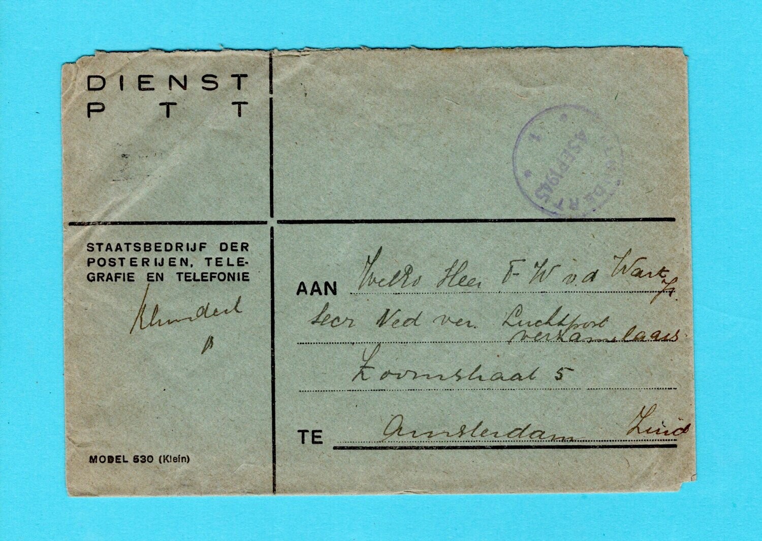 NEDERLAND dienstbrief 1945 noodstempel Klundert naar Amsterdam
