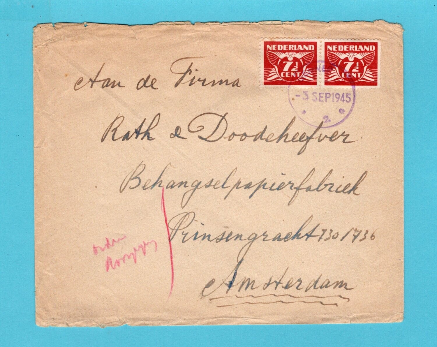 NEDERLAND brief 1945 noodstempel Gennep naar Amsterdam