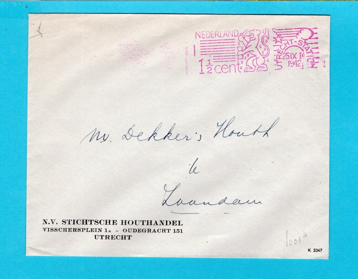 NEDERLAND brief 1942 Utrecht rood machine stempel naar Zaandam