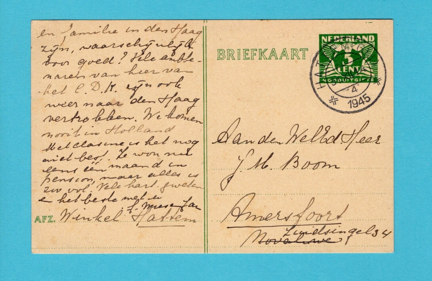 NEDERLAND briefkaart G#277f 1945 Hattem - Amersfoort