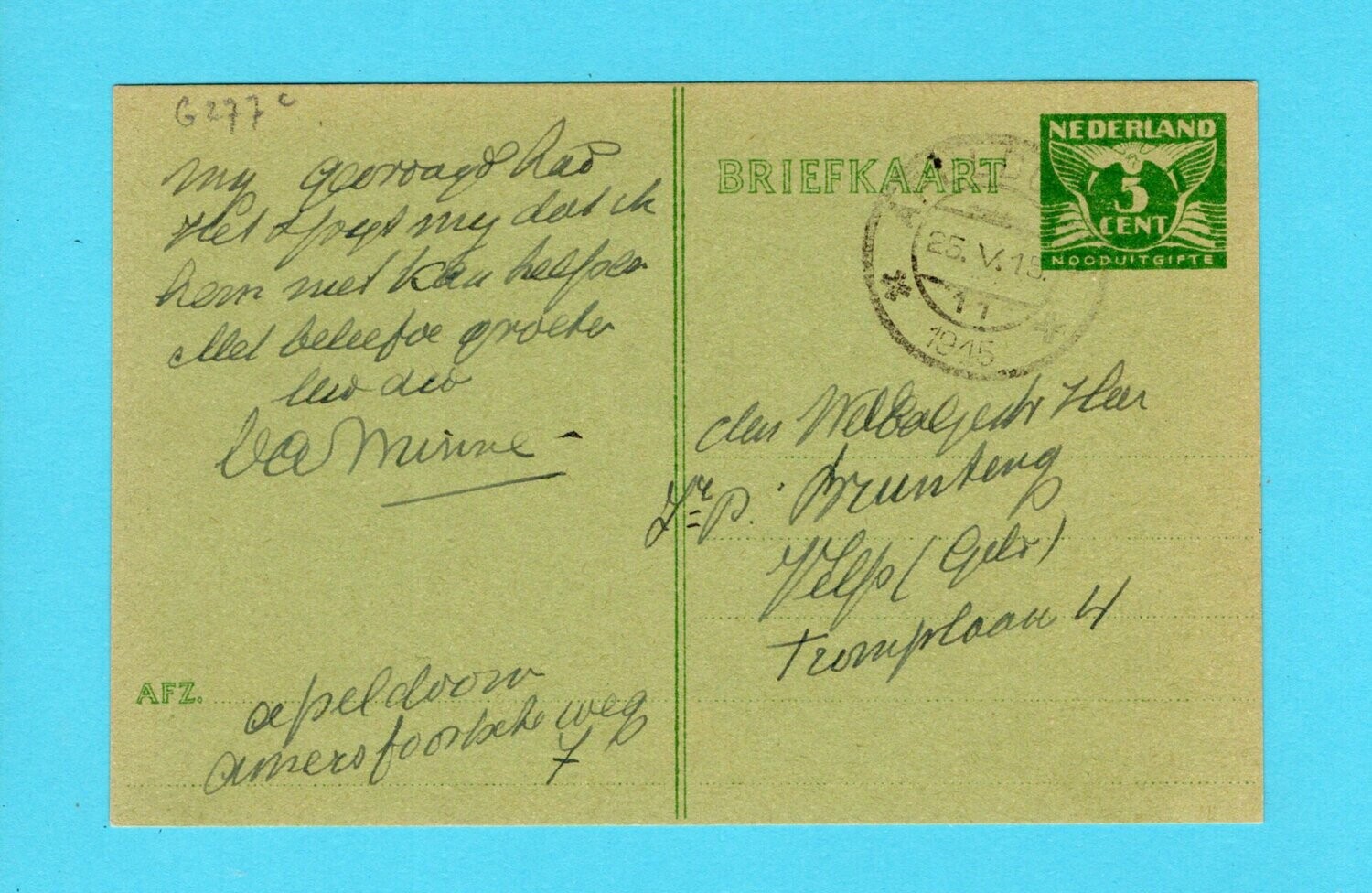 NEDERLAND briefkaart G#277c groen 1945 Apeldoorn naar Velp