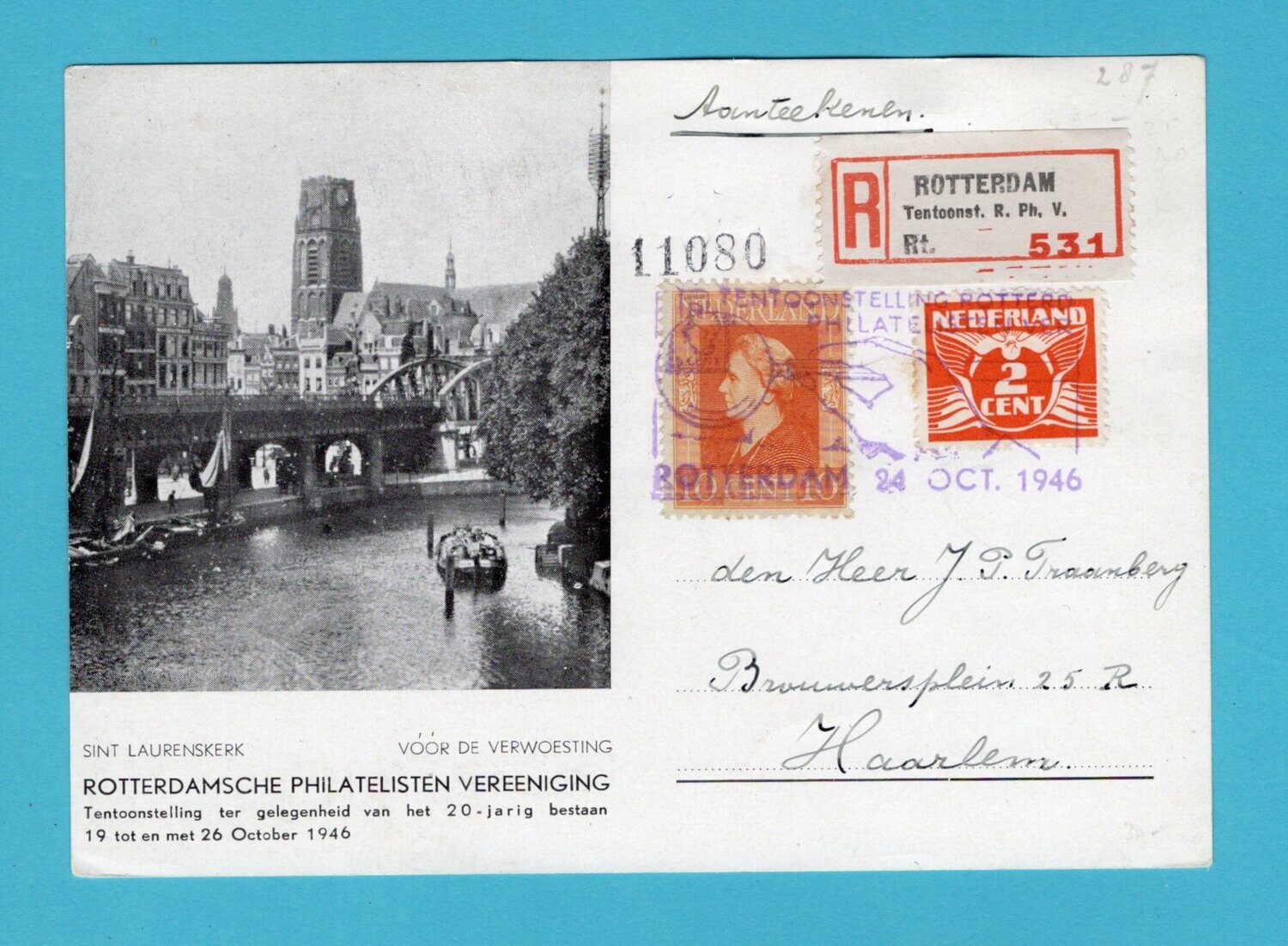 NEDERLAND R kaart 1946 Rotterdam Tentoonst. R. Ph. V. +bewijs