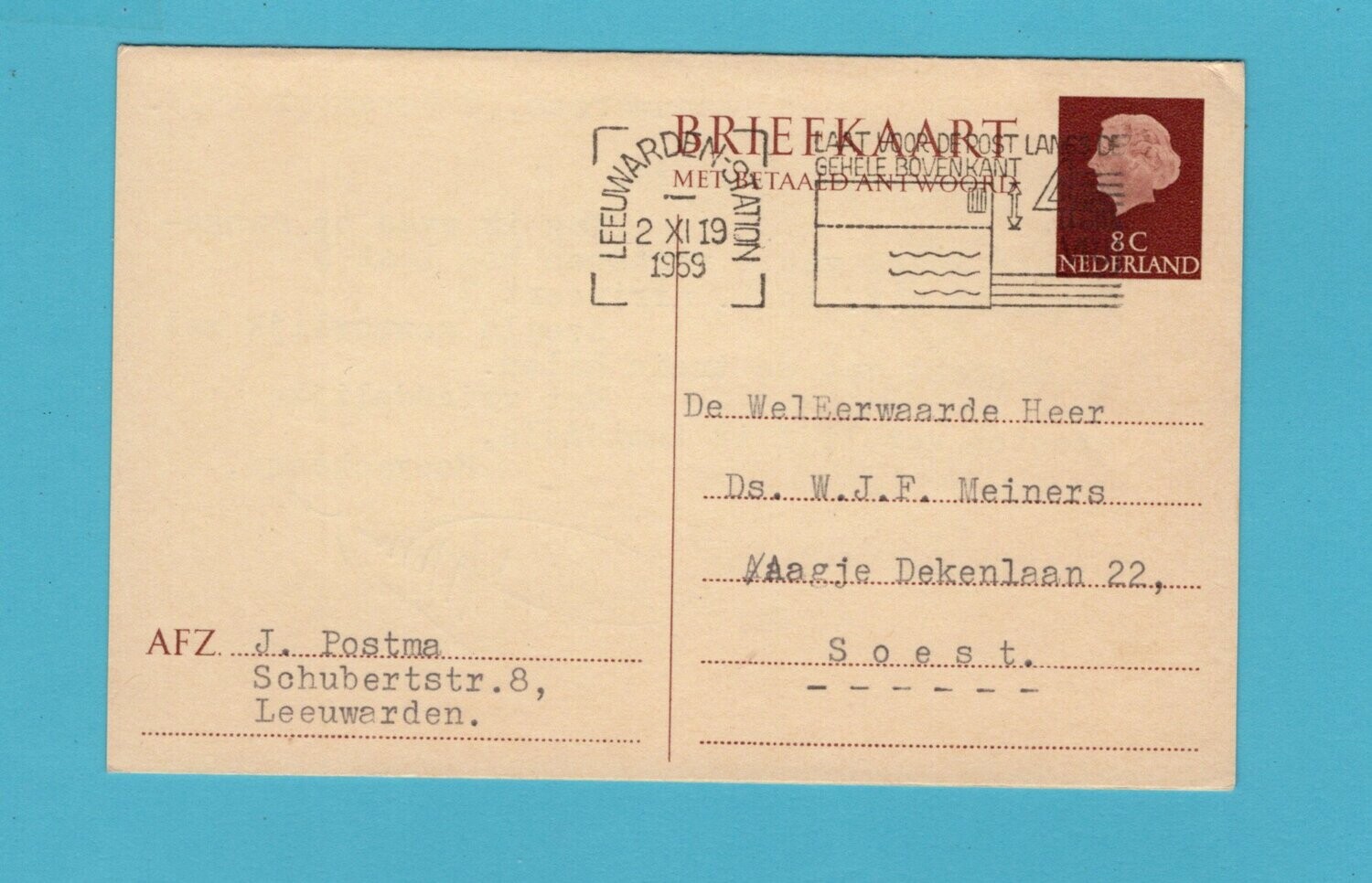 NEDERLAND briefkaart 1959 Leeuwarden met betaald antwoord