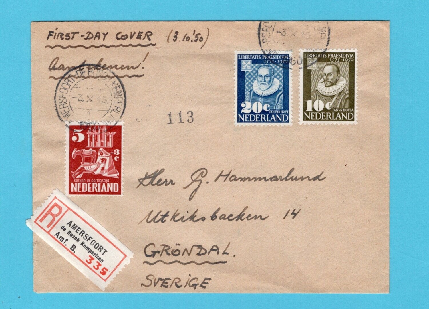 NEDERLAND R brief 1950 Amersfoort FDC naar Zweden