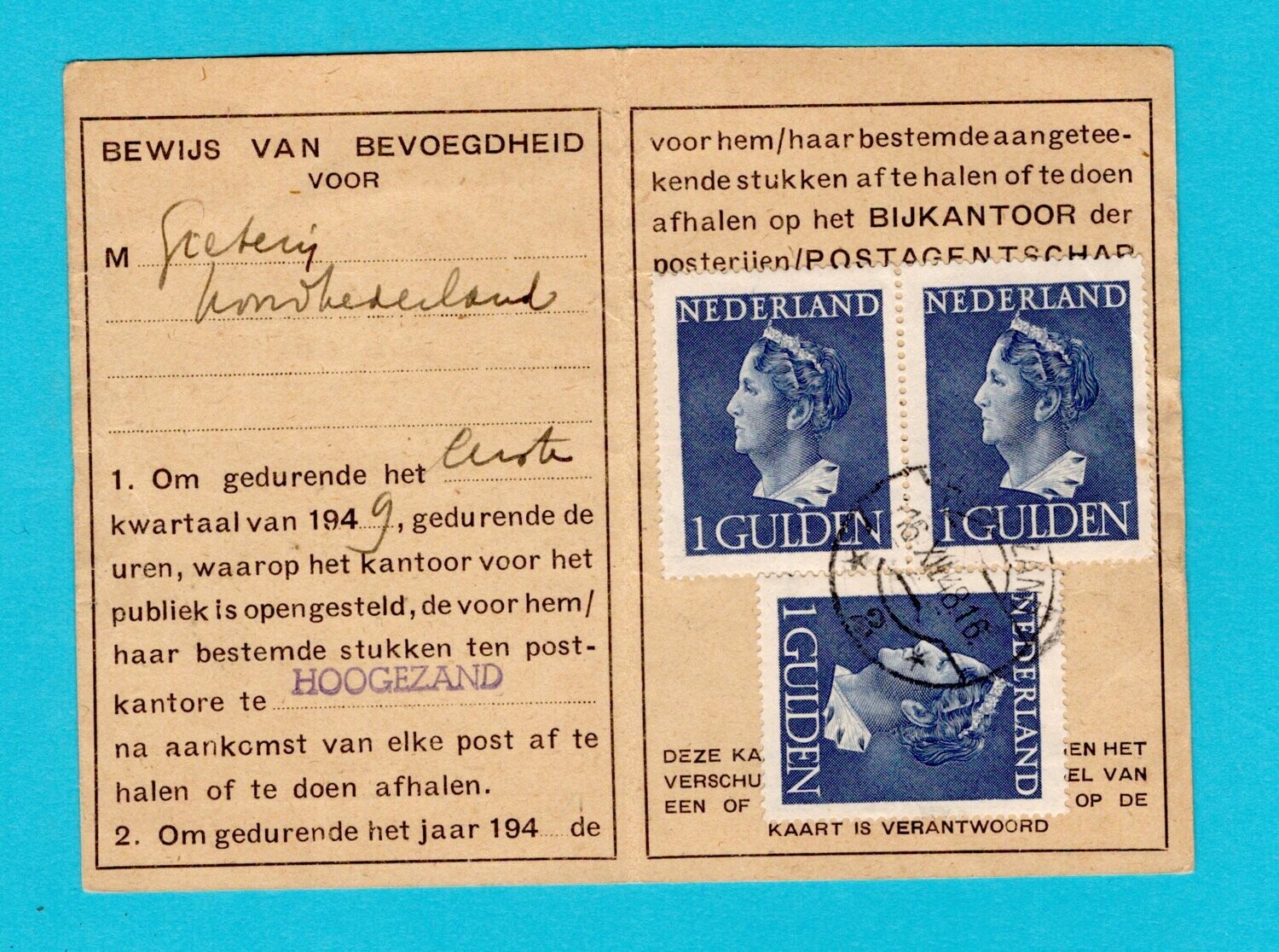 NEDERLAND postbus kaart 1948 Hoogezand