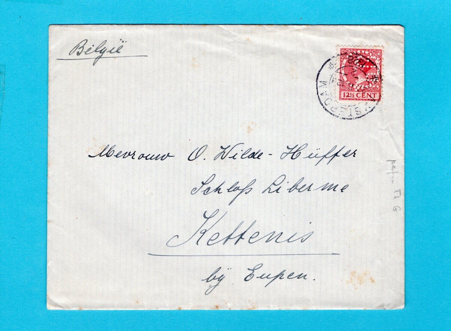 NEDERLAND brief 1928 Amsterdam perfin ThG naar Eupen -België