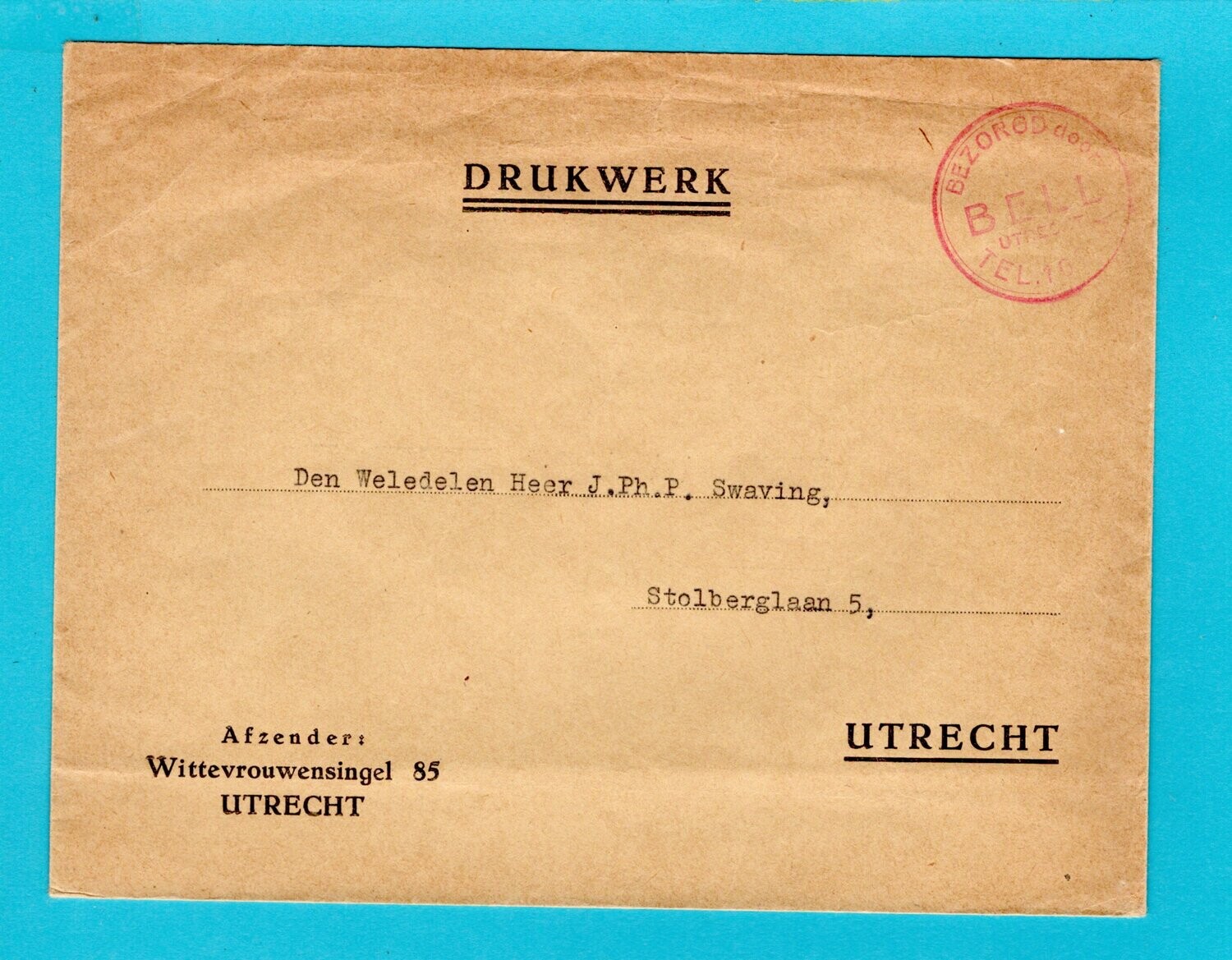 NEDERLAND lokaal post ca 1930 Utrecht bezorgdienst Bell