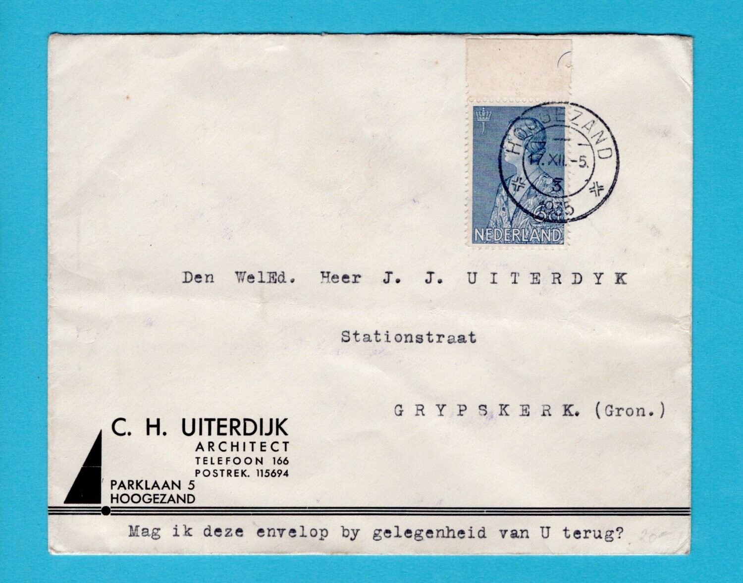 NEDERLAND brief 1935 Hoogezand naar Grijpskerk