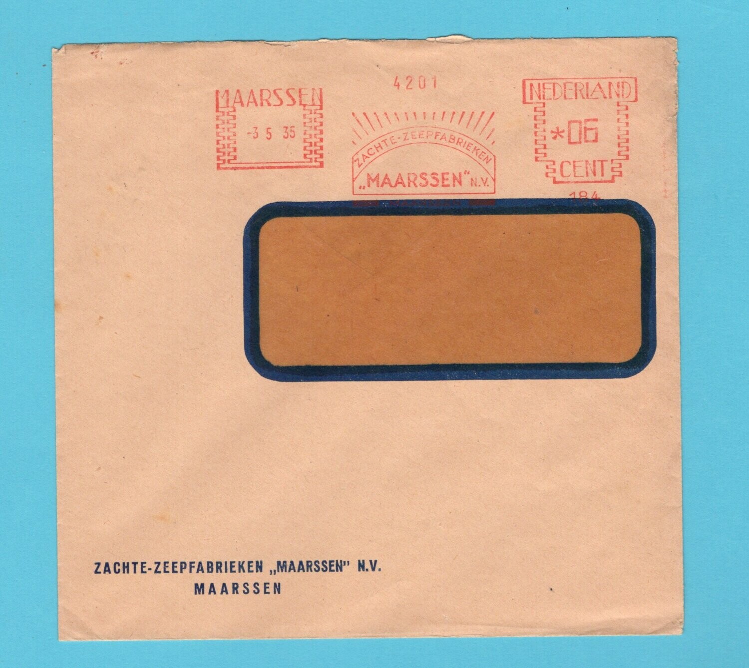 NEDERLAND brief 1935 Maarssen zeep fabriek roodfrankering