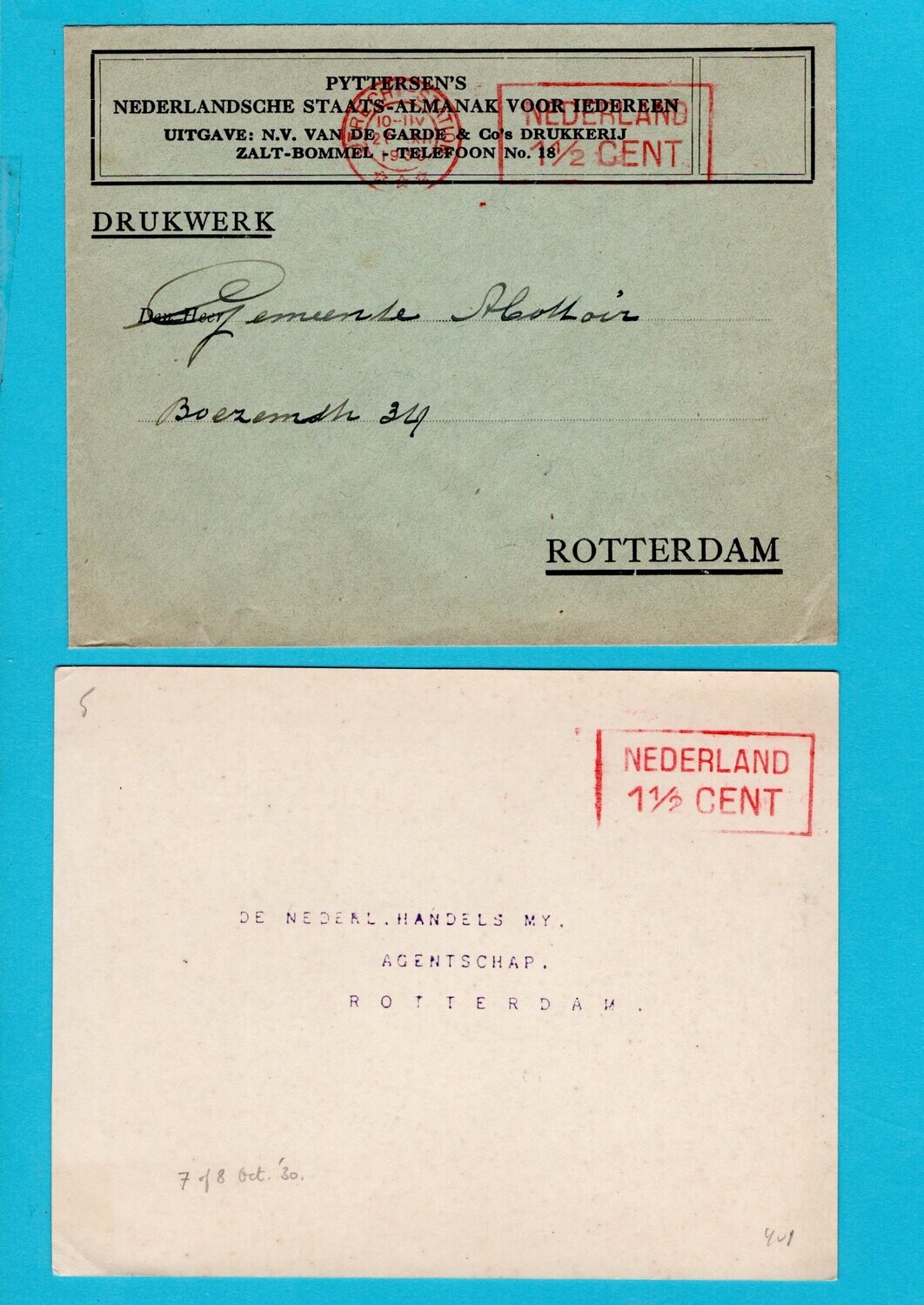 NEDERLAND 2 drukwerken 1930 Utrecht automaat stempel