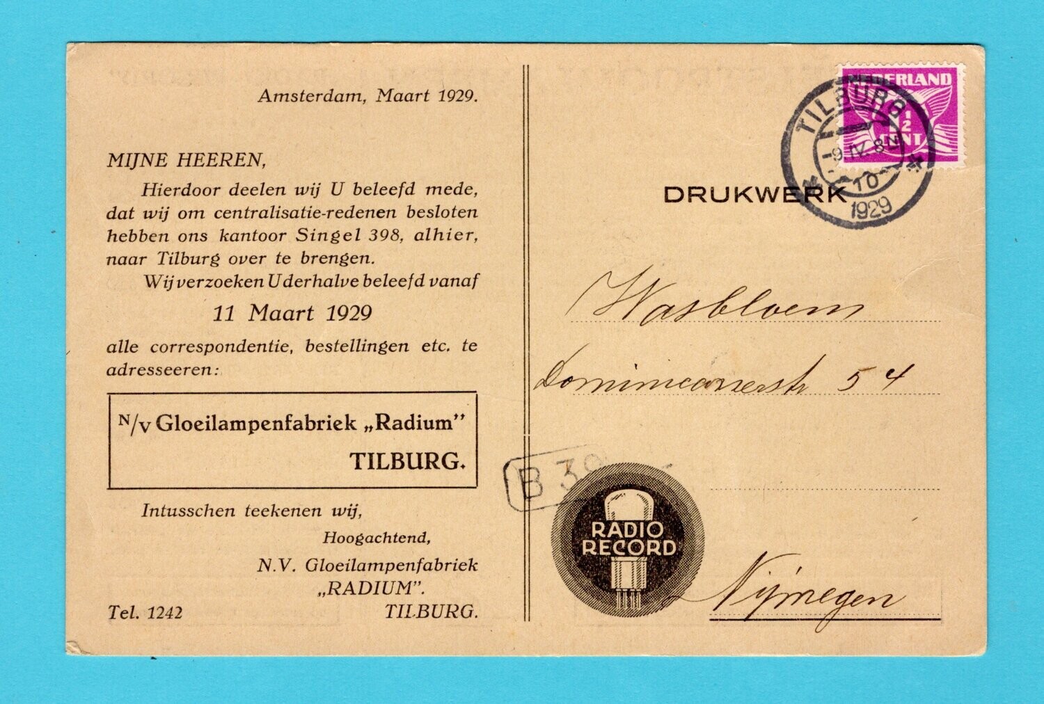 NEDERLAND drukwerk 1929 Tilburg Gloeilampen - Nijmegen