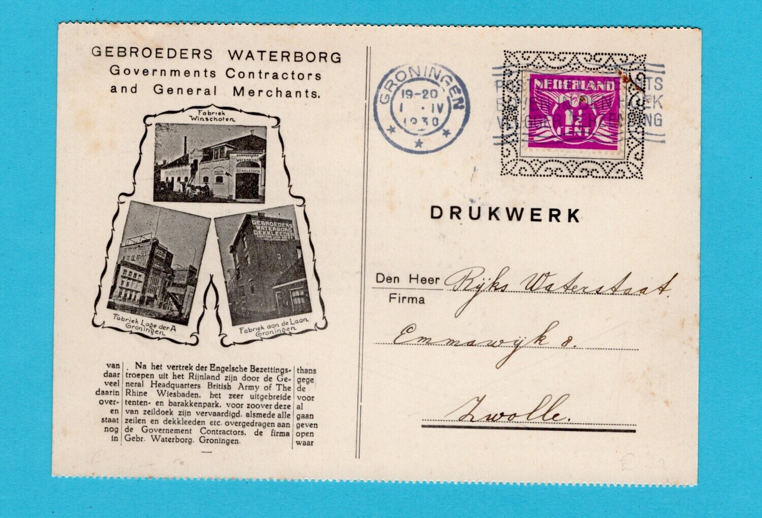NEDERLAND drukwerk 1930 Groningen Waterborg - Zwolle
