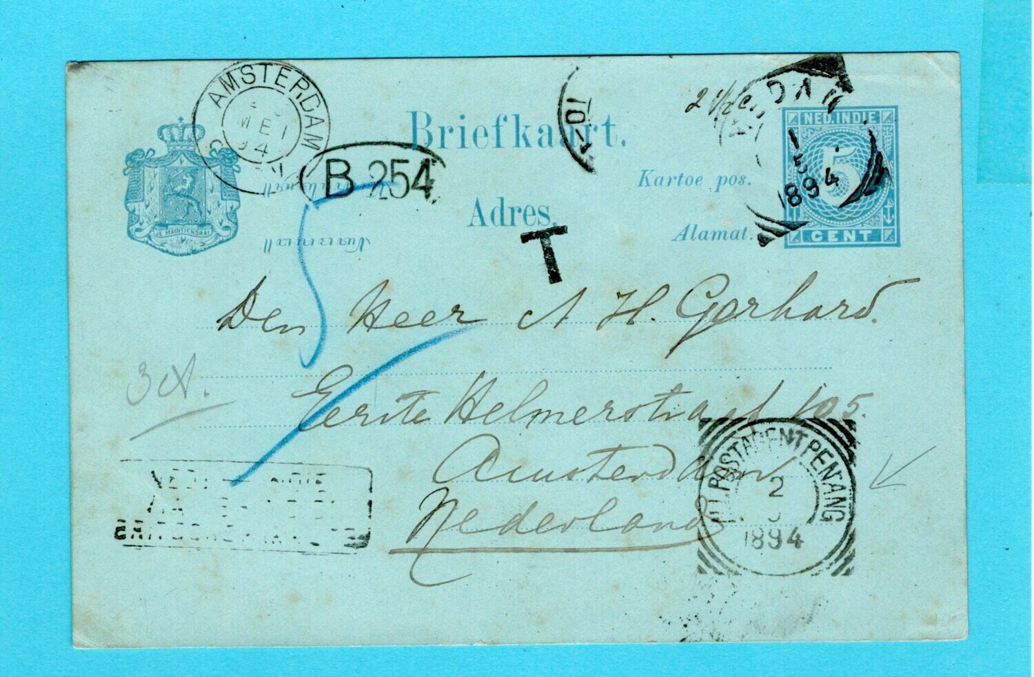 NETHERLANDS EAST INDIES postal card 1894 Medan over Penang