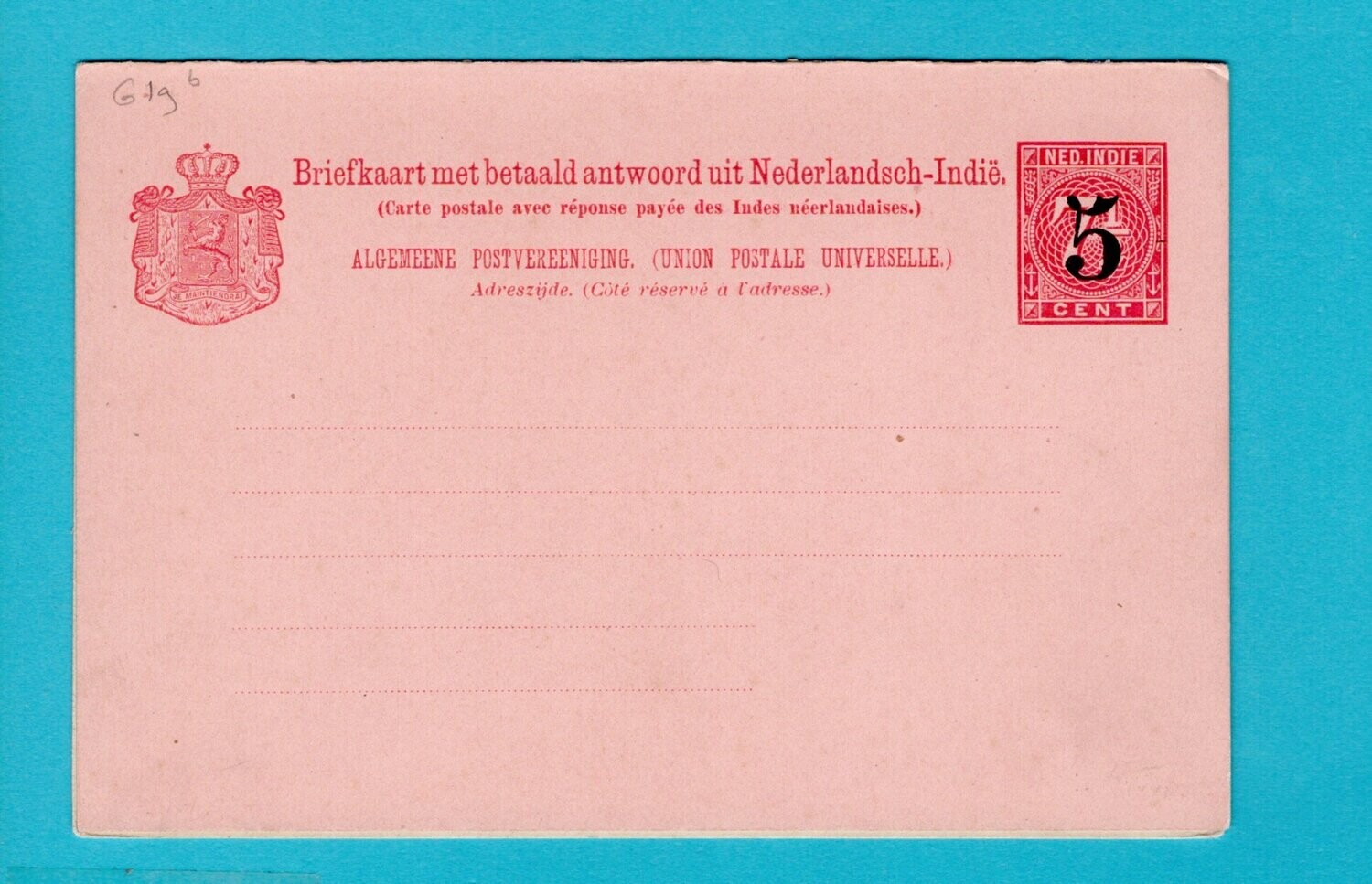 NETHERLANDS EAST INDIES postal card with paid reply 1908 **