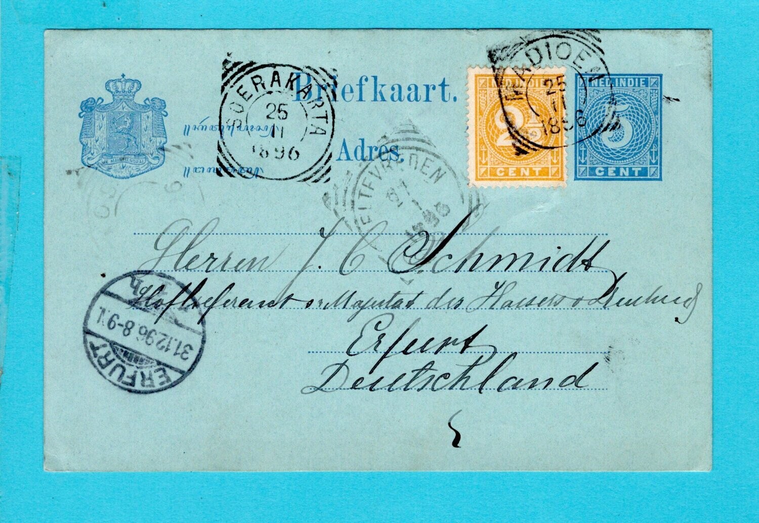 NETHERLANDS EAST INDIES postal card 1896 Madioen to Germany