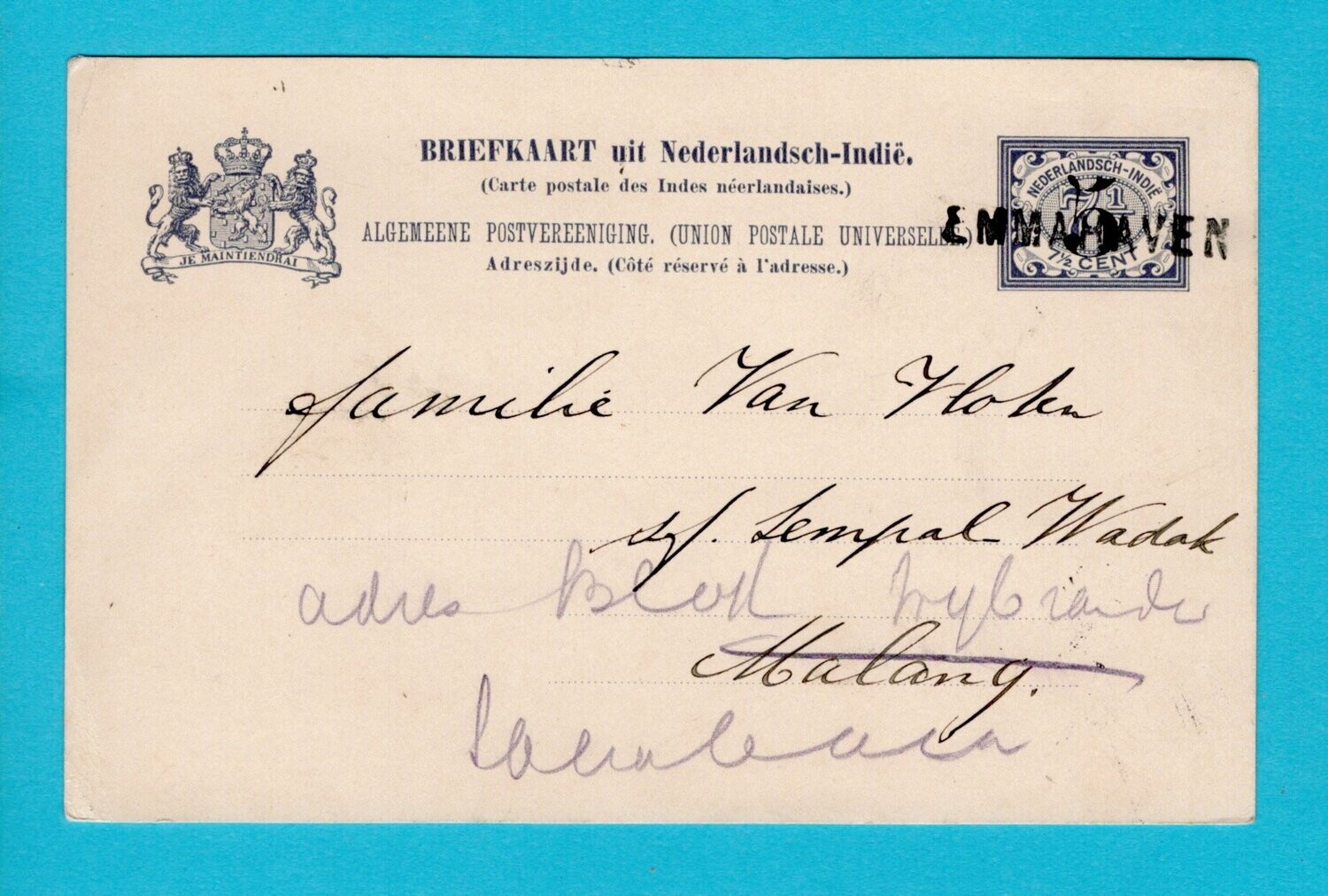 NETHERLANDS EAST INDIES postal card 1908 Emmahaven