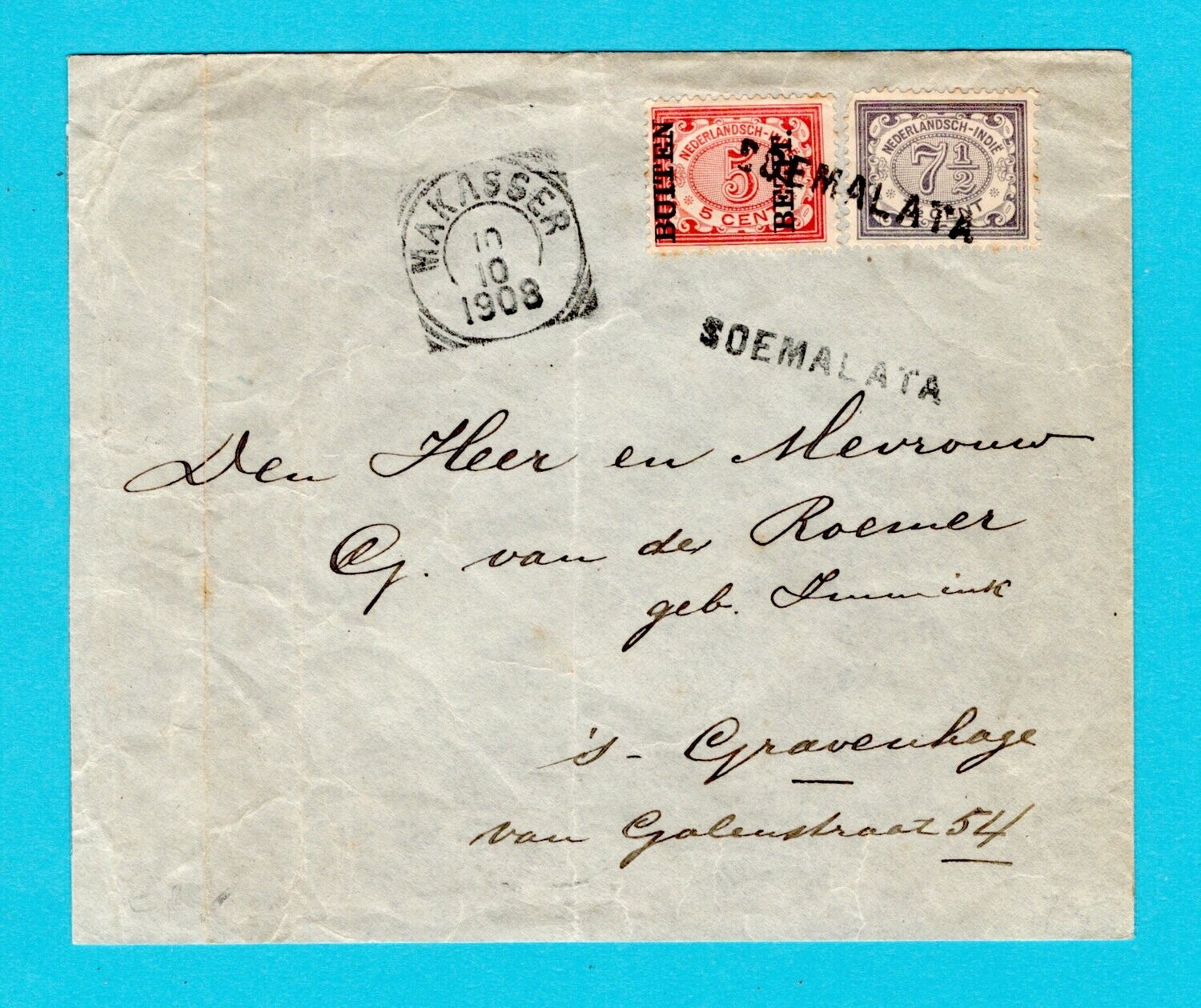 NETHERLANDS EAST INDIES cover 1908 Soemalata to The Hague