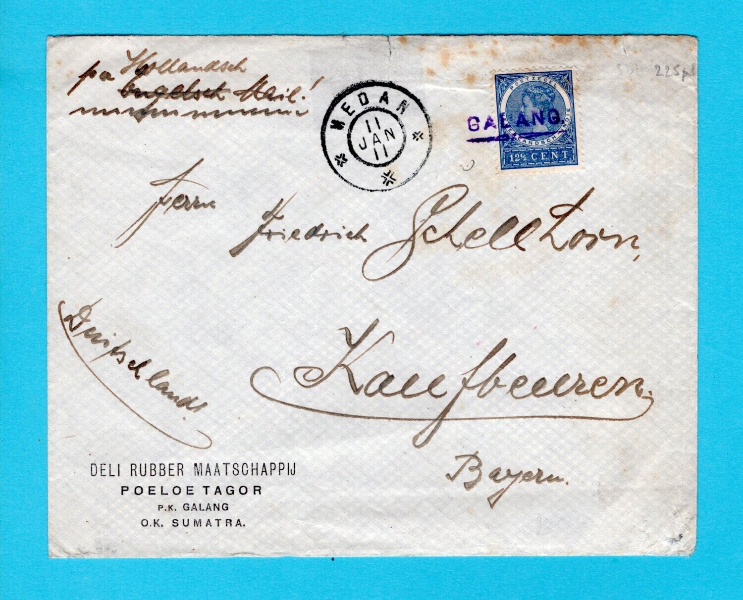NETHERLANDS EAST INDIES cover 1911 Galang to Germany