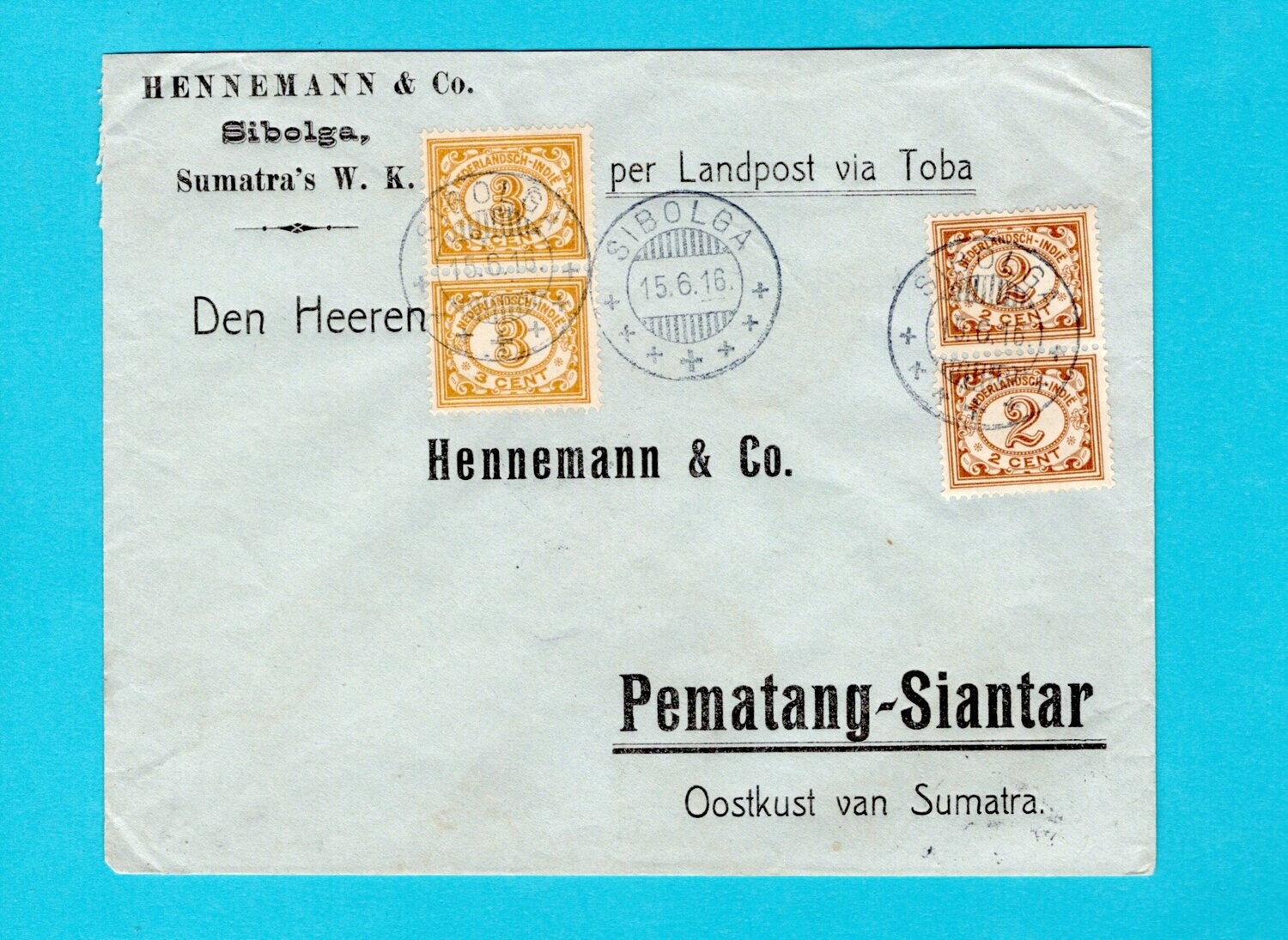 NETHERLANDS EAST INDIES cover 1916 Sibolga to Siantar