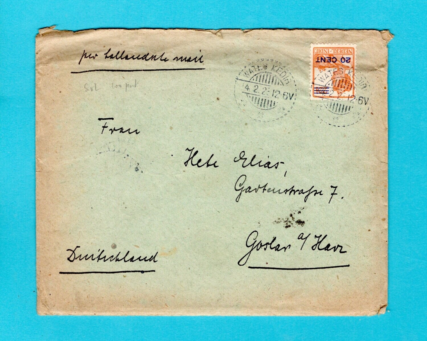 NETHERLANDS EAST INDIES cover 1912 Wates-Kedir to Germany