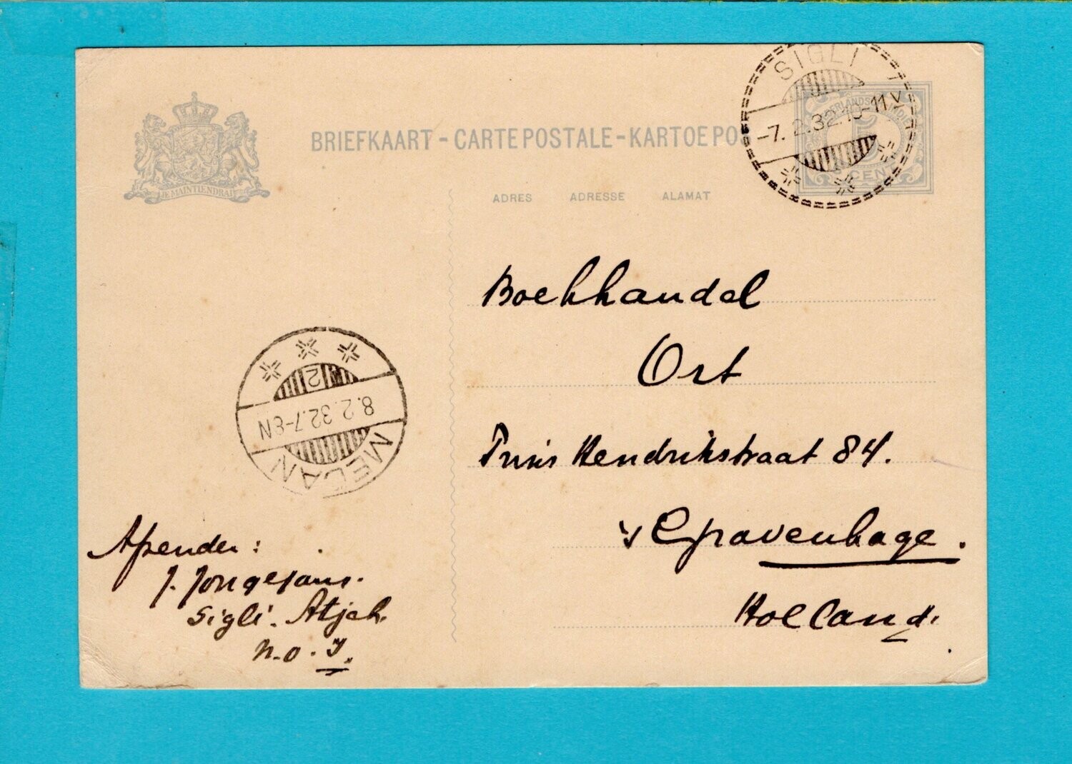 NETHERLANDS EAST INDIES postal card 1932 Sigli to Medan