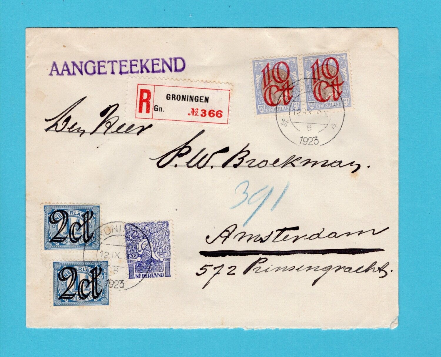 NEDERLAND R brief 1923 Groningen naar Amsterdam