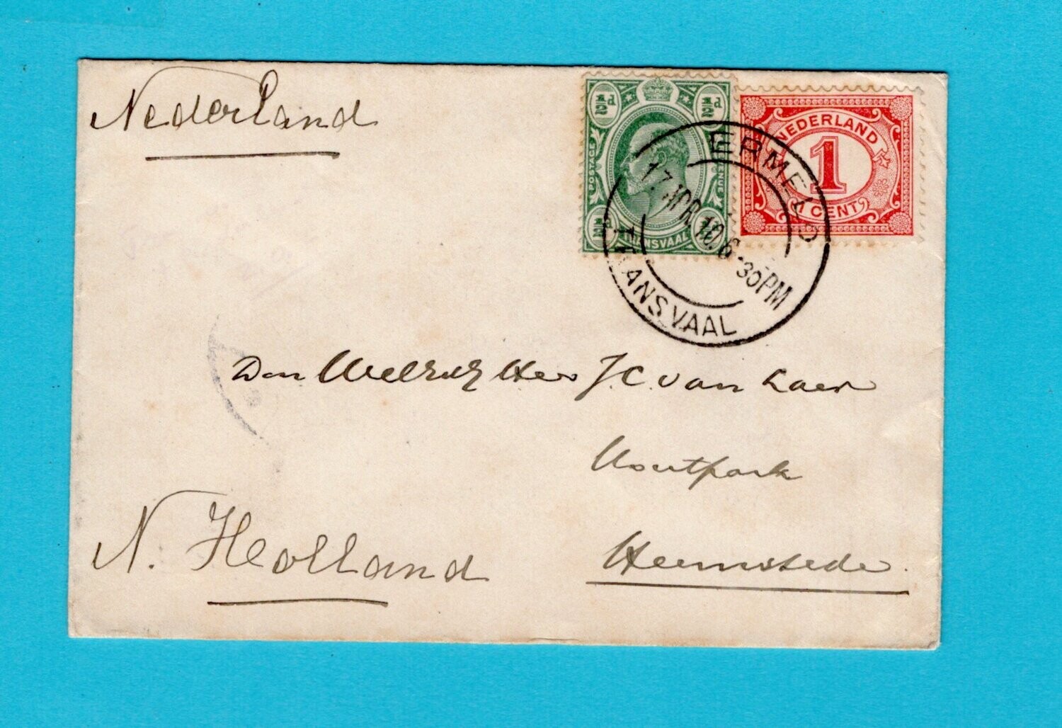ZUID AFRIKA briefje 1910 Ermelo naar Heemstede Nederland