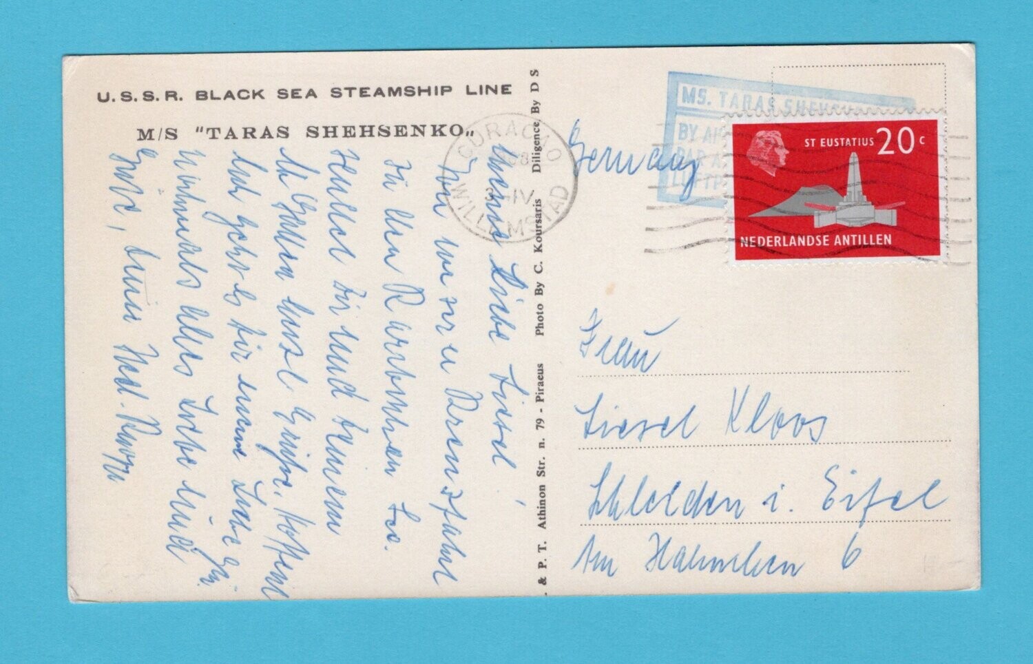 CURAÇAO prentbriefkaart 1968 M.S. Taras Shehsenko USSR