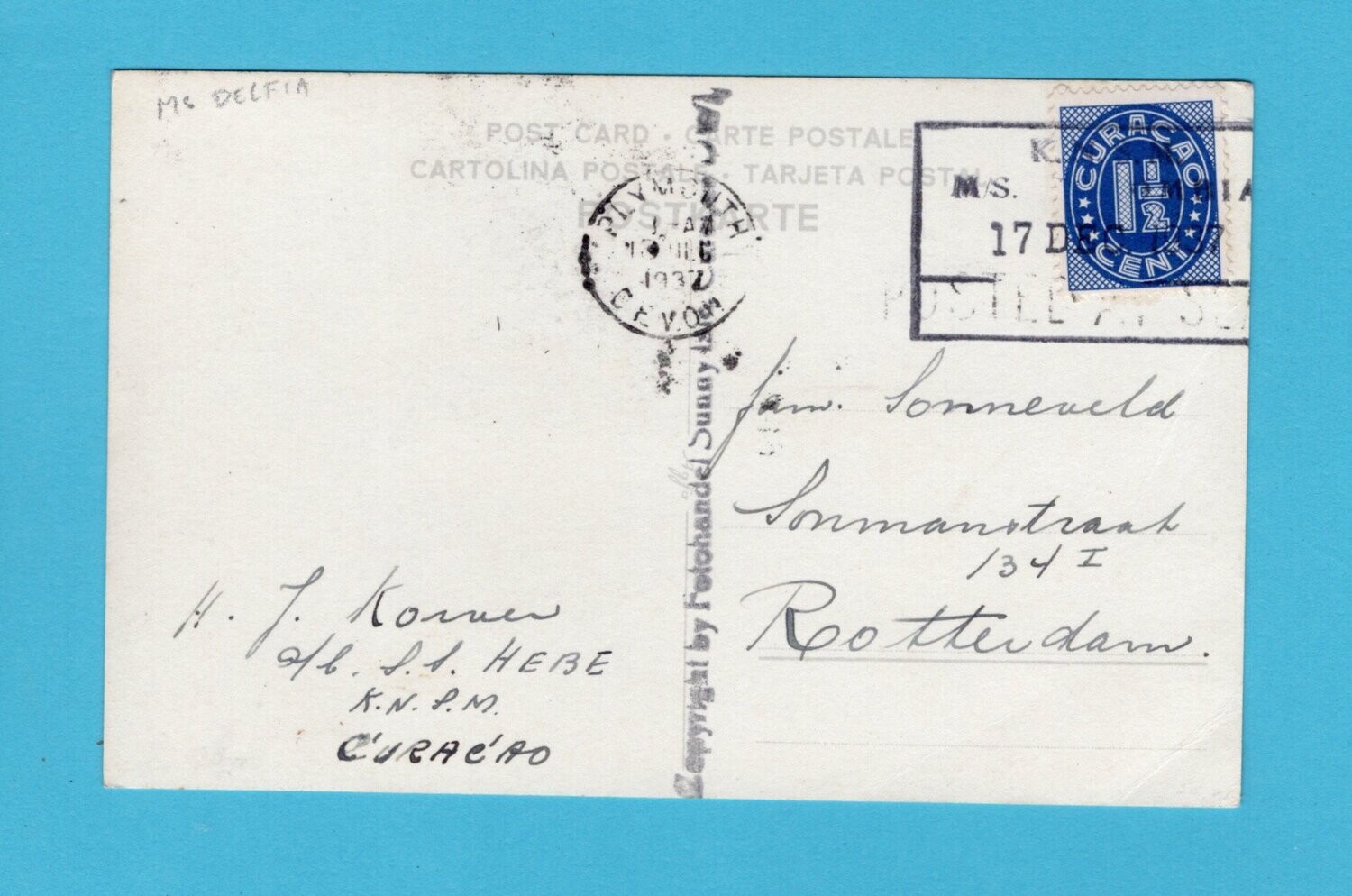 CURAÇAO prentbriefkaart 1937 M.S. Delfia KNSM Plymouth