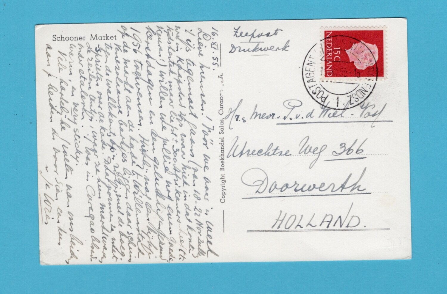 CURAÇAO prentbriefkaart 1955 M.S. Willem Barendsz naar Doorwerth