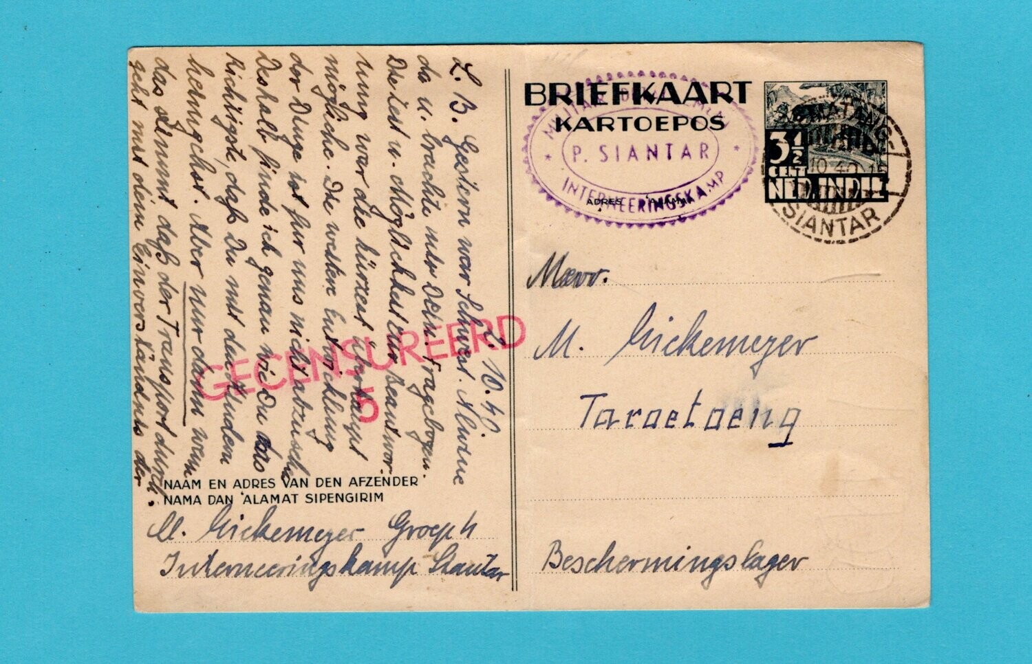 NETHERLANDS EAST INDIES postal card 1940 P. Siantar Internee camp