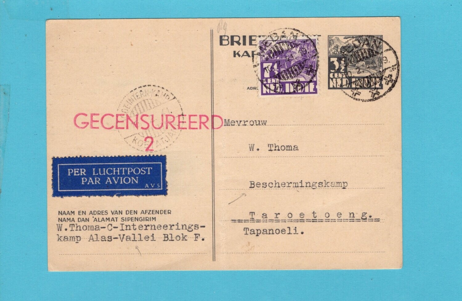 NETHERLANDS EAST INDIES postal card 1941 Koetatjane Internee