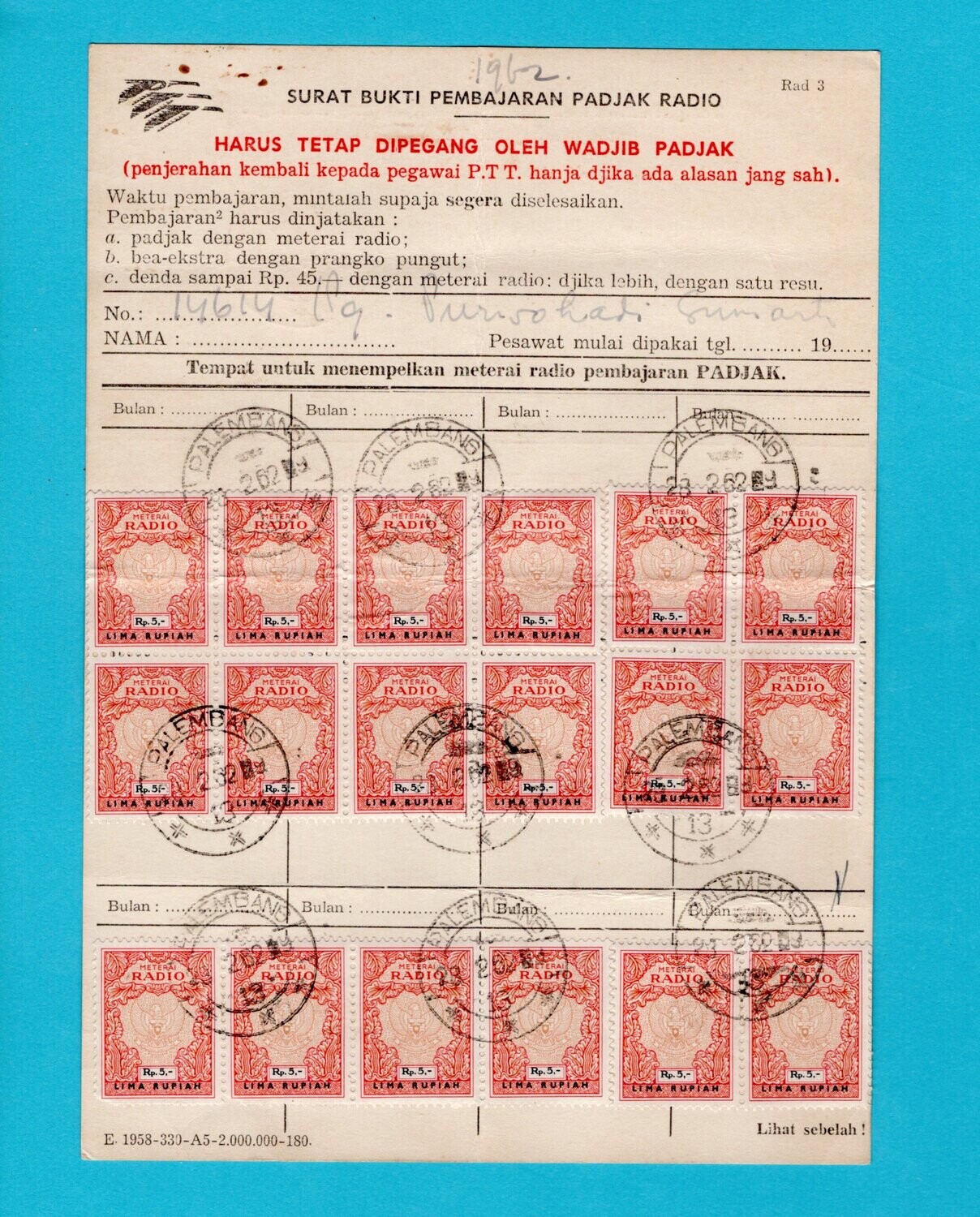 INDONESIA Radio permit 1962 Palembang with special fiscals