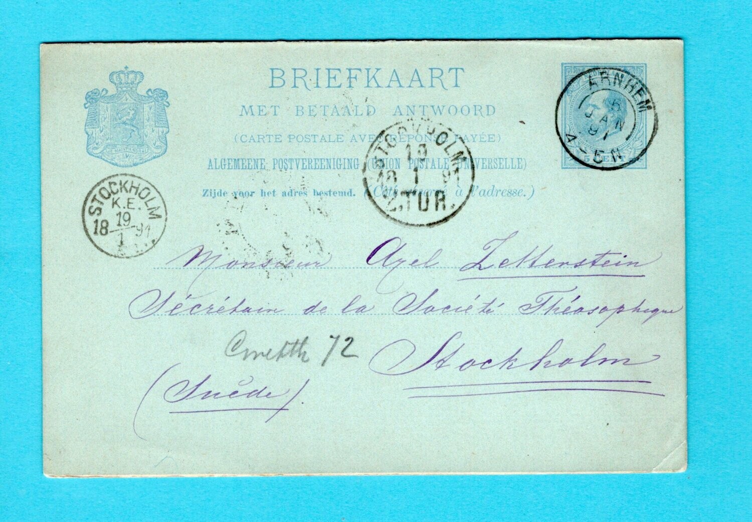 NEDERLAND briefkaart + antwoord 1891 Arnhem naar Zweden