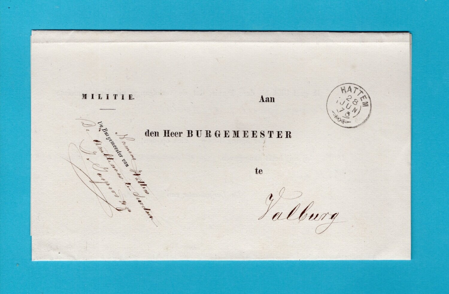 NEDERLAND militie dienstbrief 1873 Hattem takje stempel