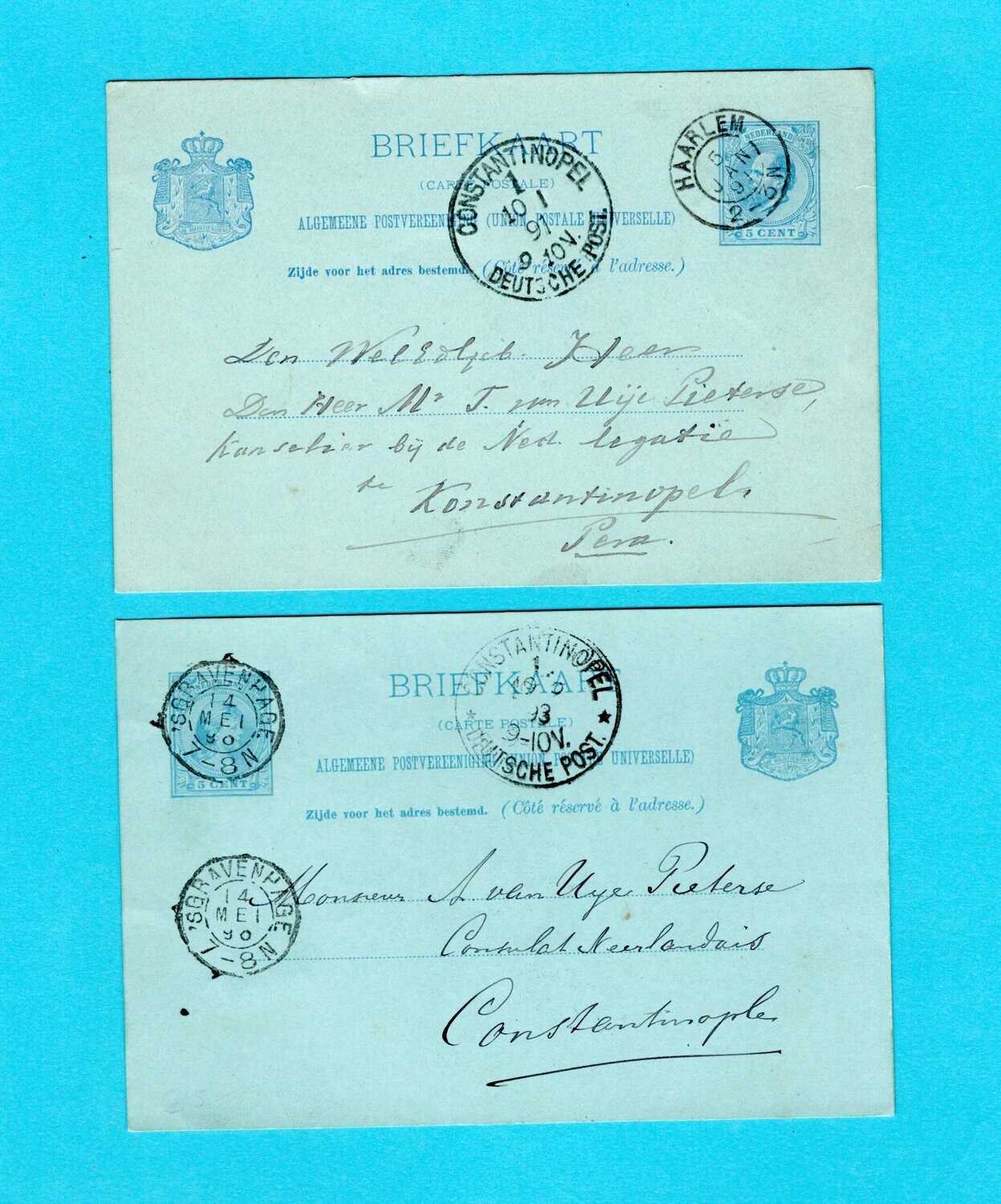 NEDERLAND 2 briefkaarten 1891-93 naar consulaat Turkije