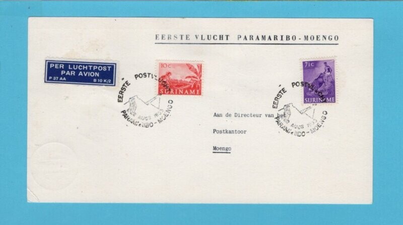 SURINAME 1e vlucht 1953 Moengo Paramaribo + retour