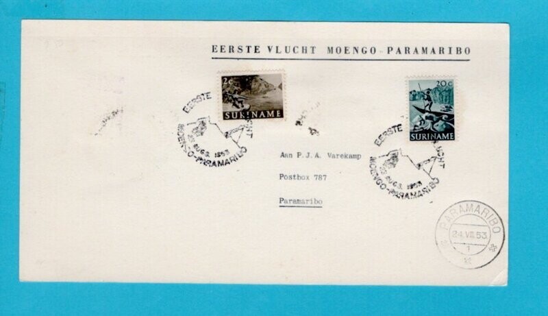 SURINAME 1e vlucht 1953 Moengo Paramaribo + retour
