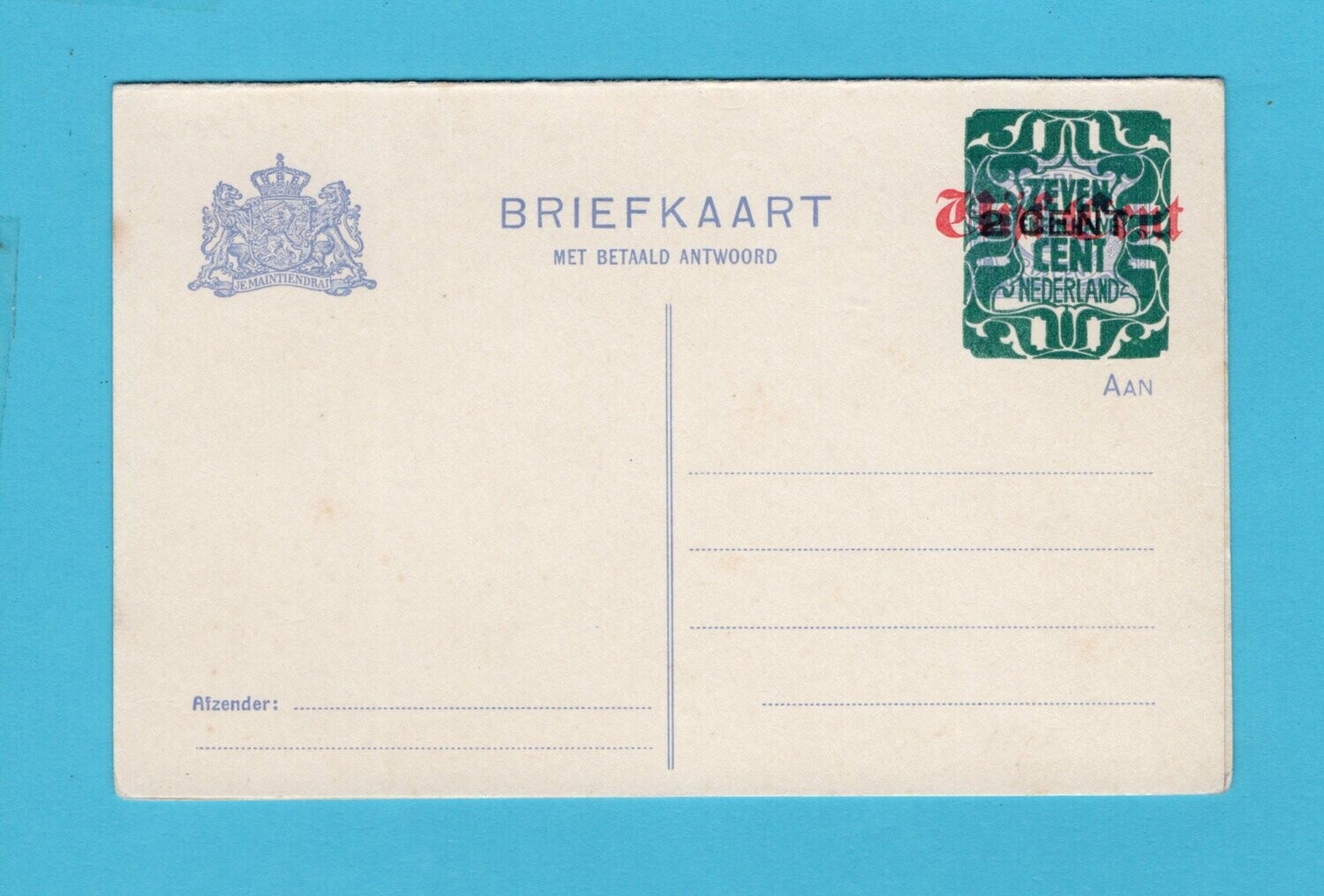 NEDERLAND briefkaart met betaald antwoord 1921 **