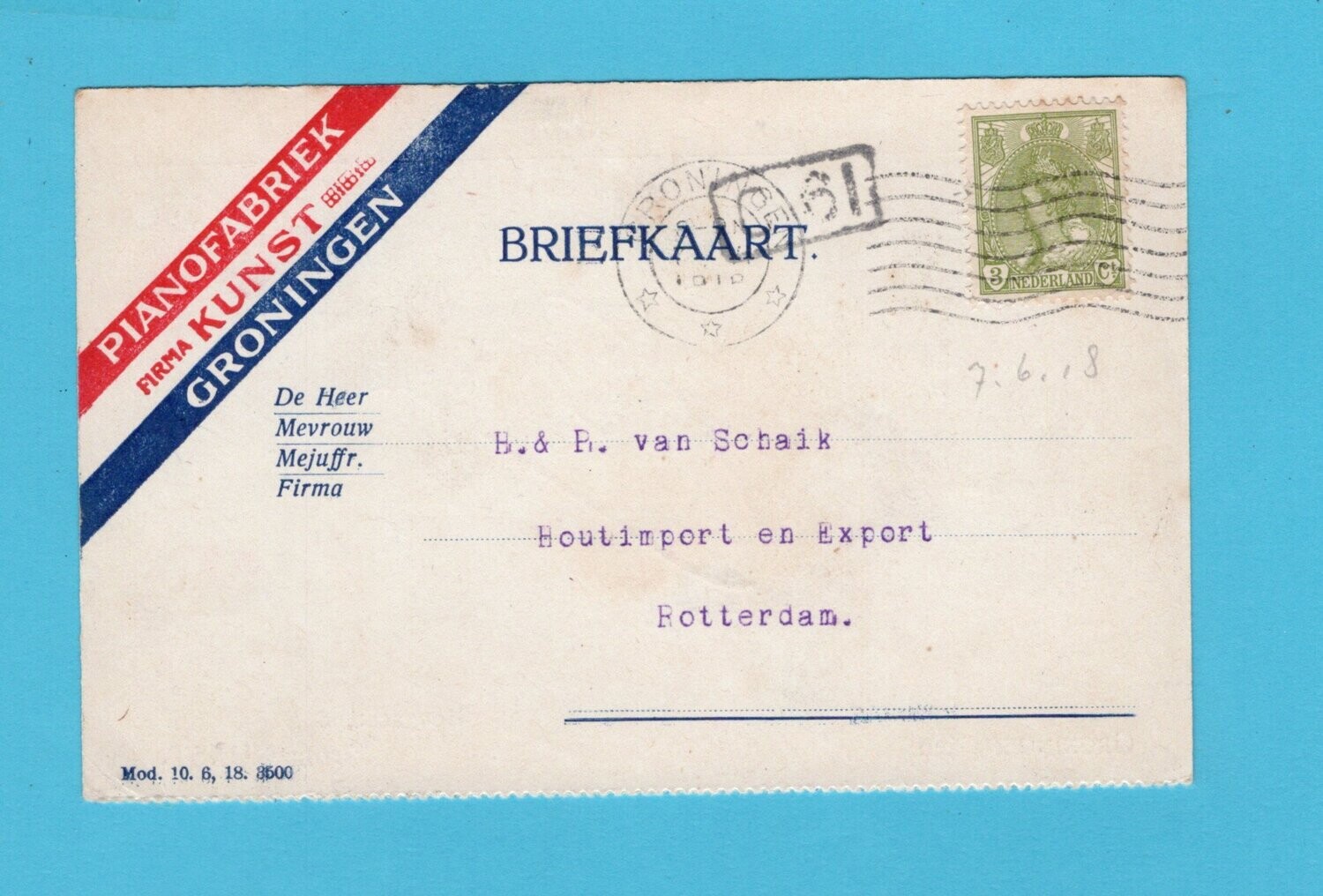 NEDERLAND briefkaart Piano fabriek Kunst 1918 Groningen