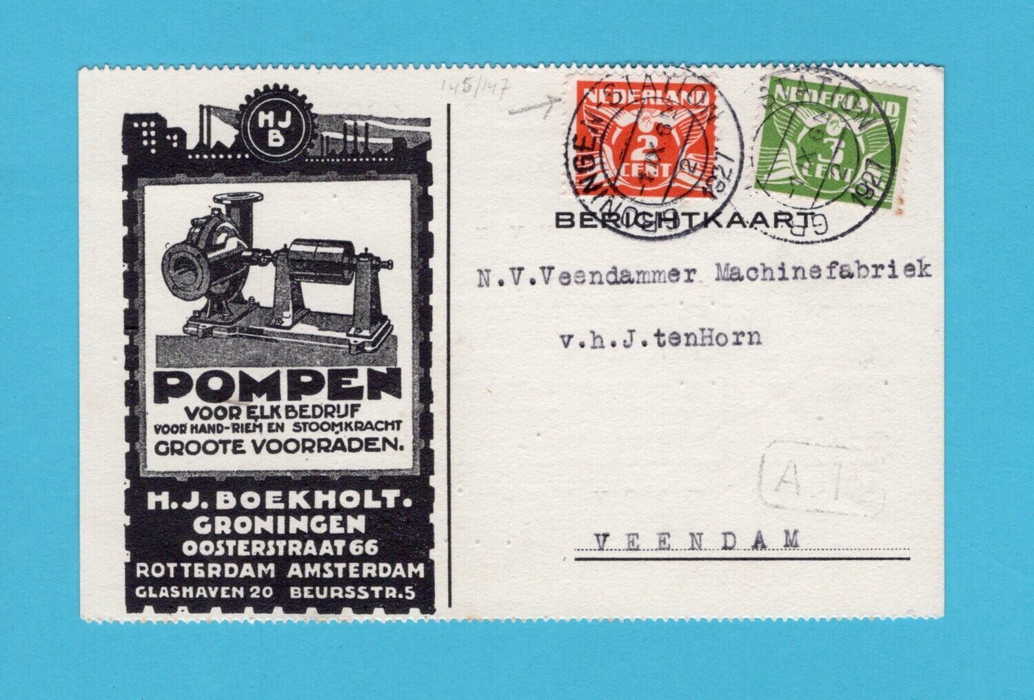 NEDERLAND briefkaart Boekholt pompen 1927 Groningen Station