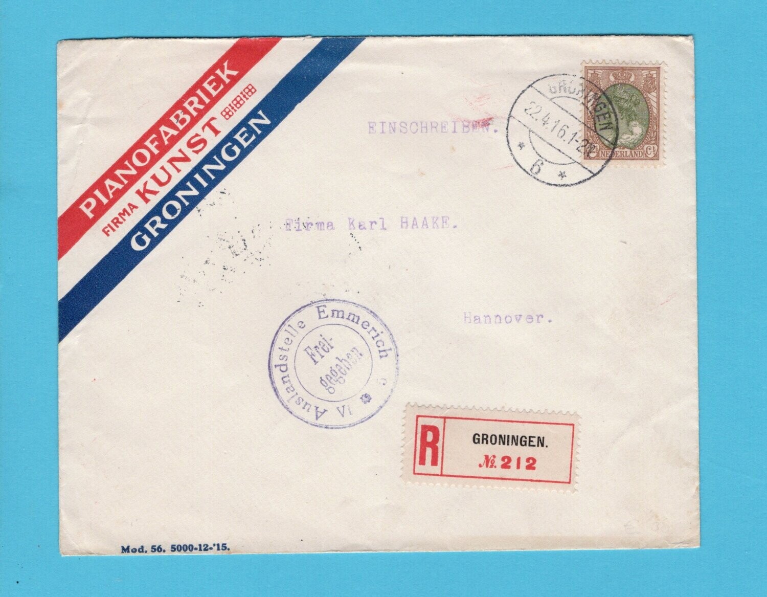 NEDERLAND R-brief Piano Kunst 1916 Groningen naar Duitsland