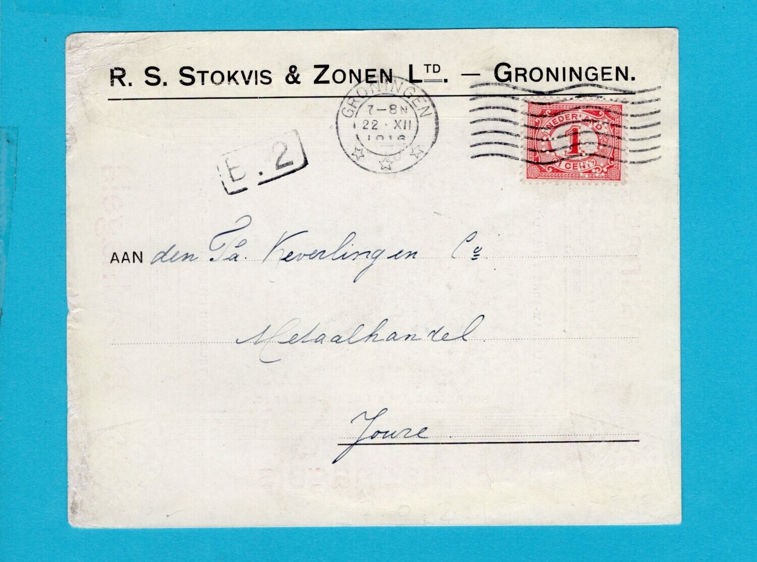 NEDERLAND kaart Stokvis 1916 Groningen perfin S&amp;Z/G naar Joure