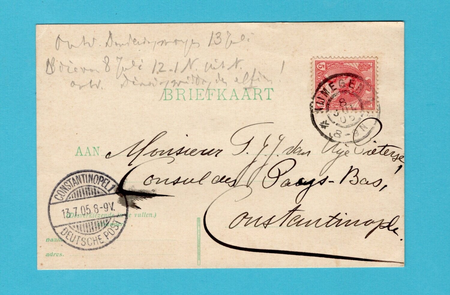 NEDERLAND briefkaart 1905 Nijmegen naar consul Turkije