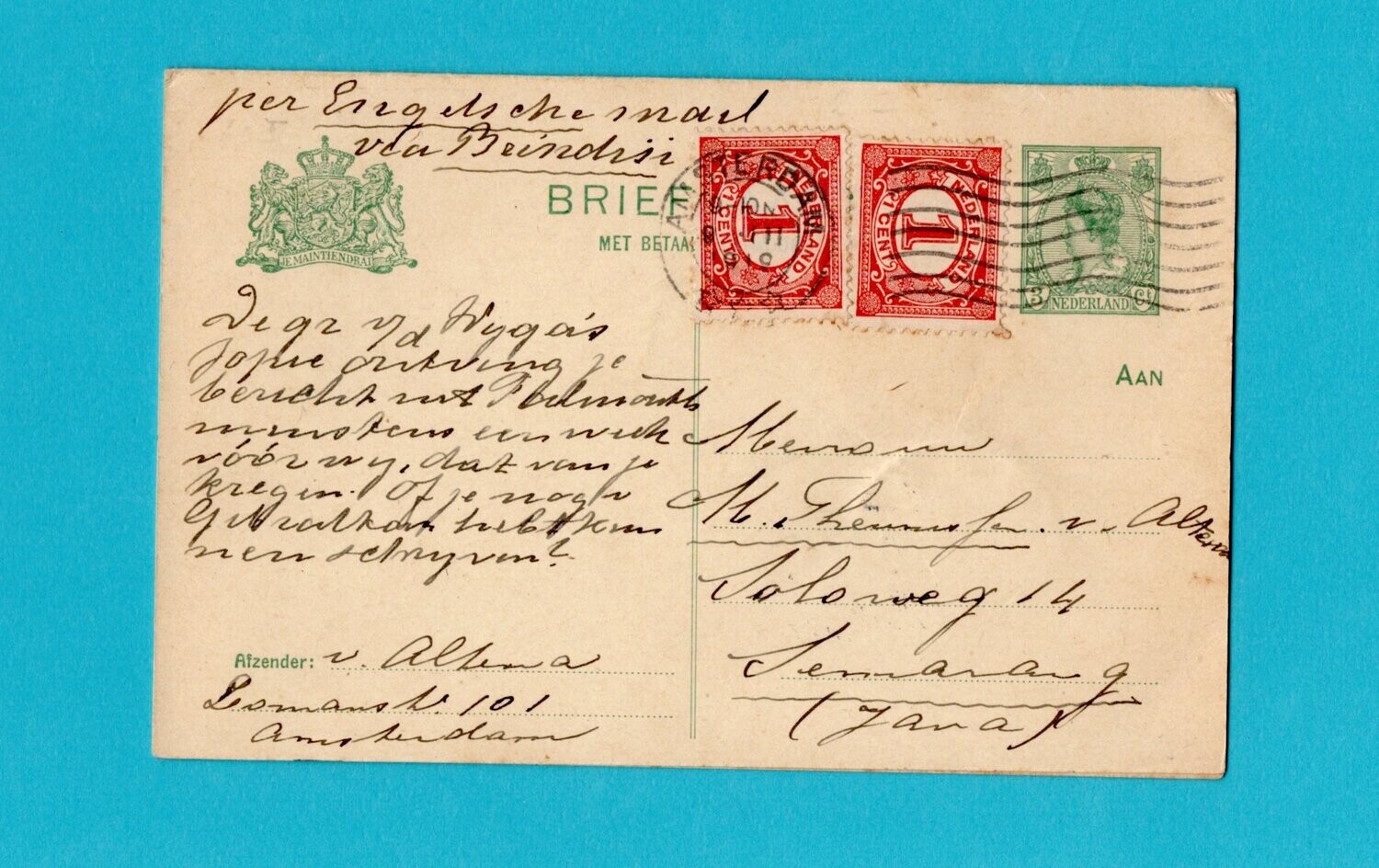NEDERLAND briefkaart met betaald antwoord 1919 Amsterdam -Indië